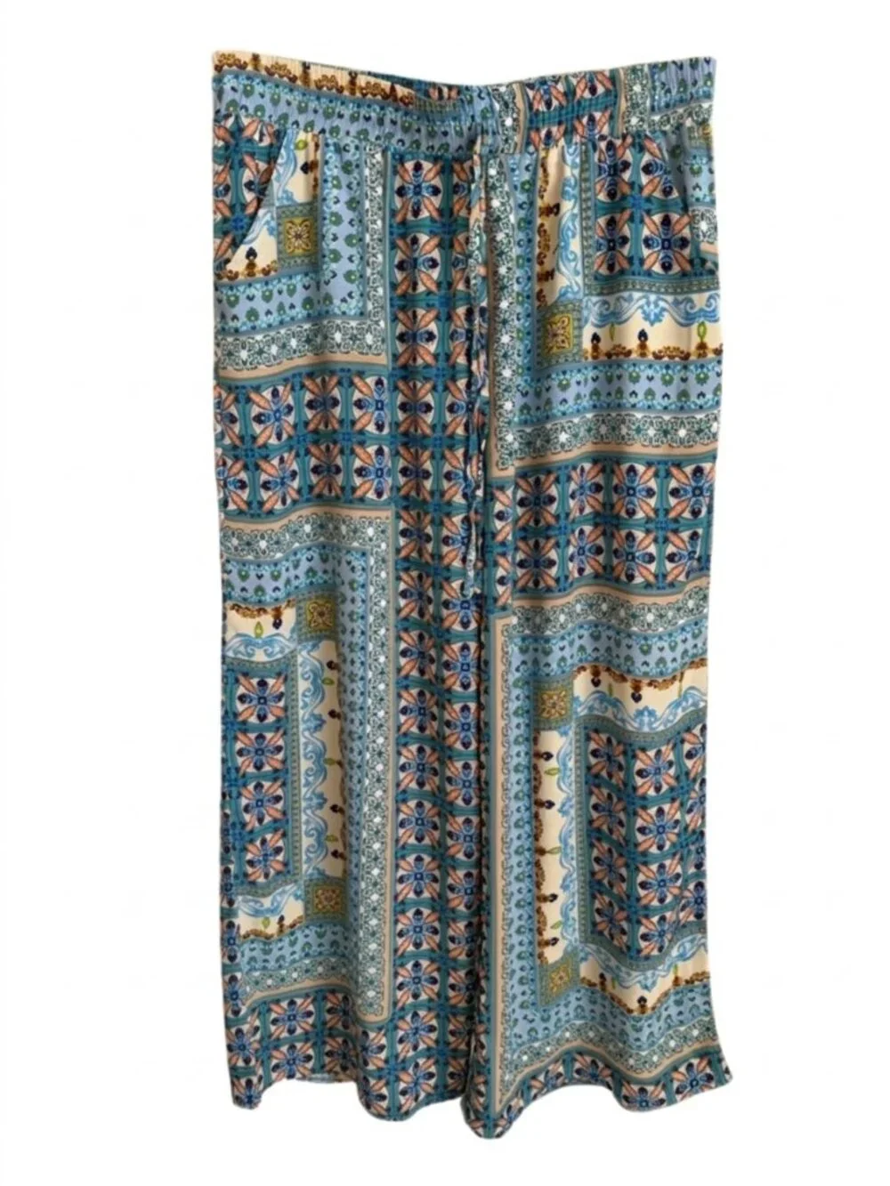Umgee USA Wide Leg Palazzo Pants L Blue Boho Medallion Tile Print Coastal Flowy - Picture 2 of 14
